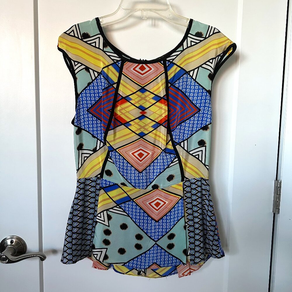Sleeveless Peplum Top Blouse Colorful Geometric Pattern